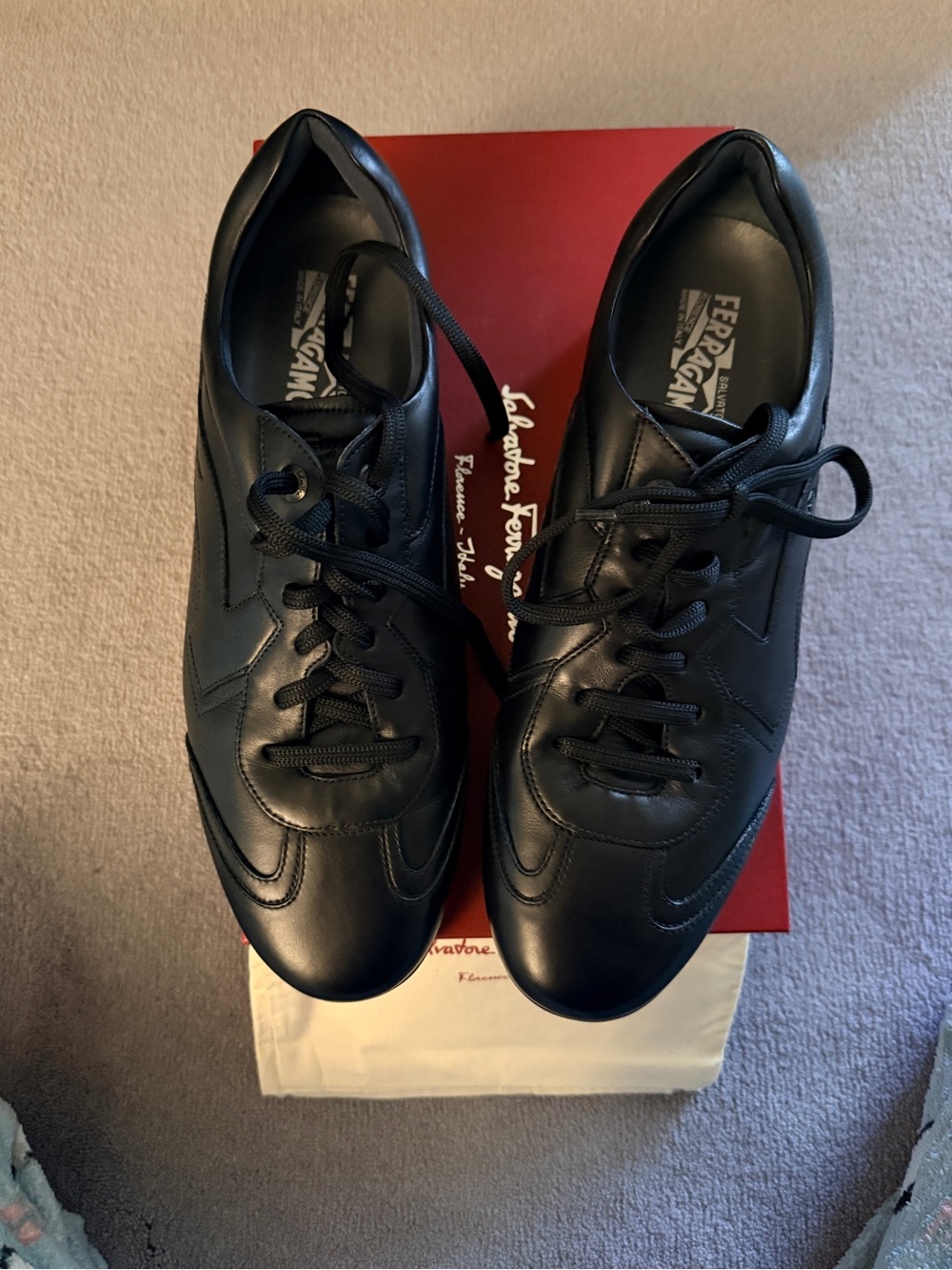 Salvatore Ferragamo Black Leather Low-Top Lace-Up Sneakers - NEW